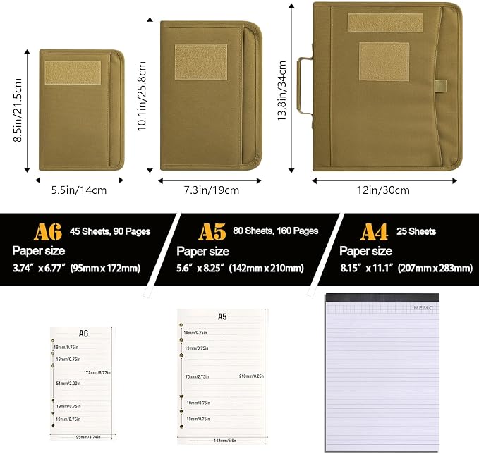 Kosibate Tactical Notebook Padfolio Ring Binders with 45 Sheets,Army Military Notebook Portfolio Binder with Zipper for Tactical Gear and Organizer, Refillable 6-Ring Binder(Khaki,5.5'' x 8.5'')