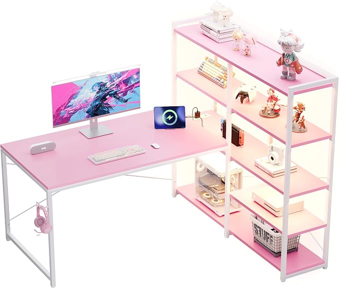 Pamray 49 Inch L Shaped Gaming Computer Desk with Shelves and Storage | Compact Reversible Design with LED Lights & Power Outlets, Suitable for Home Office Bedroom Small Spaces and Dorm Study Work