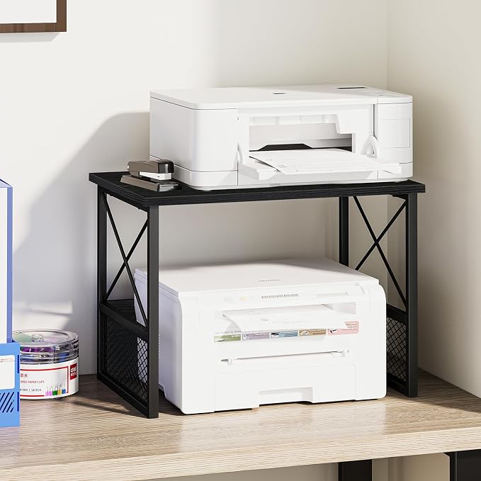 Printer Stand for Desk, Desktop Printer Stand Shelf Organzier for Home Office, for Above and Under Desk, Fax Machine Copier Scanner, Black