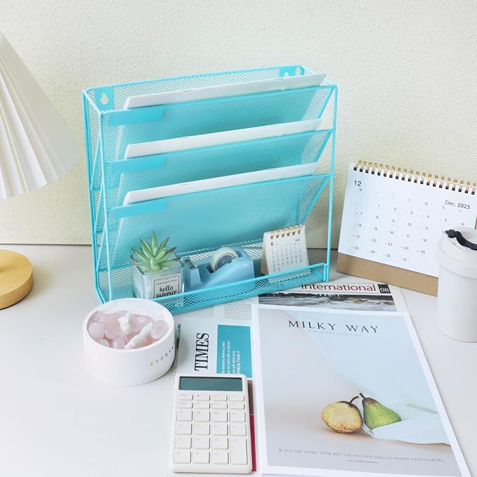 3 Pockets Mesh Wall File Holder Organizer with Bottom Flat Tray, Office Hanging File Folder Magazine Rack, Nametag Label Hooks Set Included, Blue