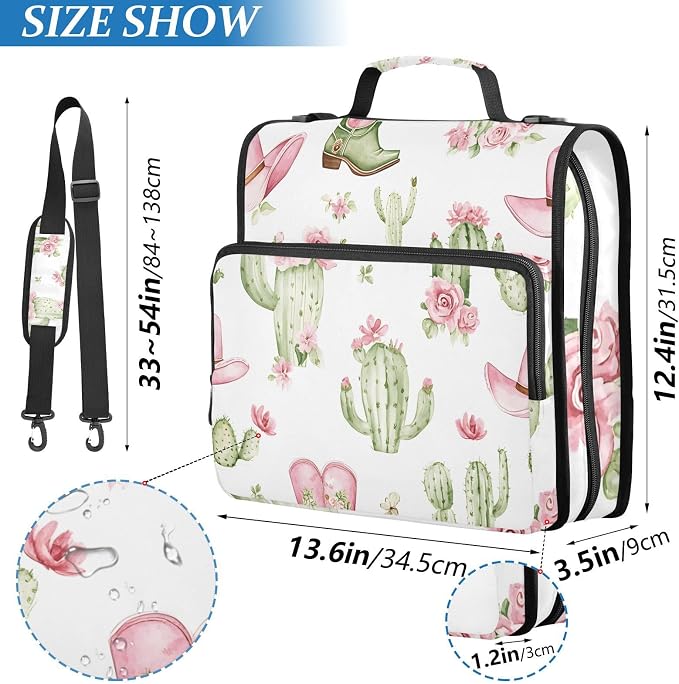 3 D-Ring Zipper Binder Bag, Cactus Cowboy Boots Pink Cowboy Hat Removable Binder with Zipper Case Hold 300+ Sheets& 13 Inch Laptop for School Office Supplies Organizer