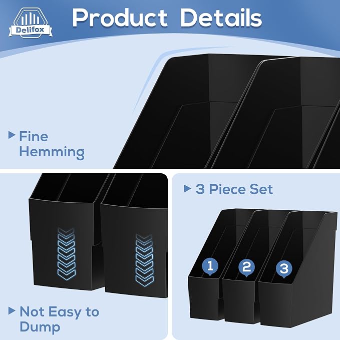 Delifox 3 Pack Magazine Rack, Plastic File Folder Bin Desk Organizer, Black