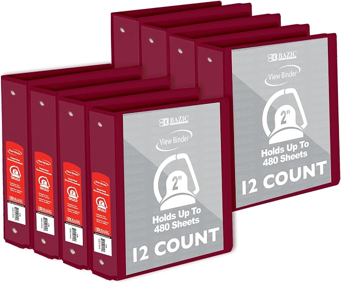 BAZIC Products 2" Burgundy 3-Ring View Binder, Slant-D Ring, 12-Case | 2 inside pockets, 2 in Burgundy view 3-ring binder, slant-D rings, holds up to 480 sheets, Durable poly cover, 2 Pockets