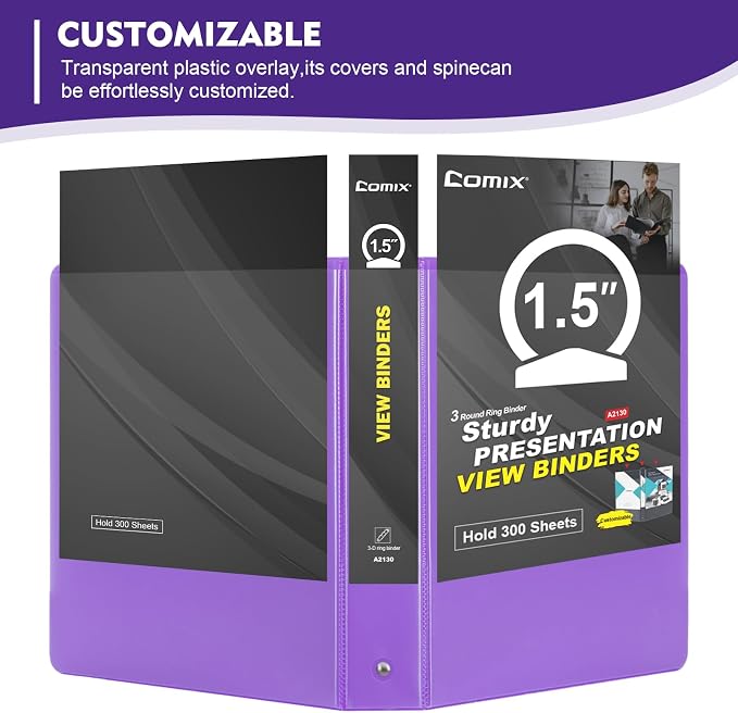 COMIX Sturdy 1.5 Inch 3 Ring Binder with Clear View Cover | 1.5"Heavy Duty Round Ring,PVC-Free Board,Holds 300 Letter Sheets,Wholesale for Offices & Classrooms,6 Pack (Purple)