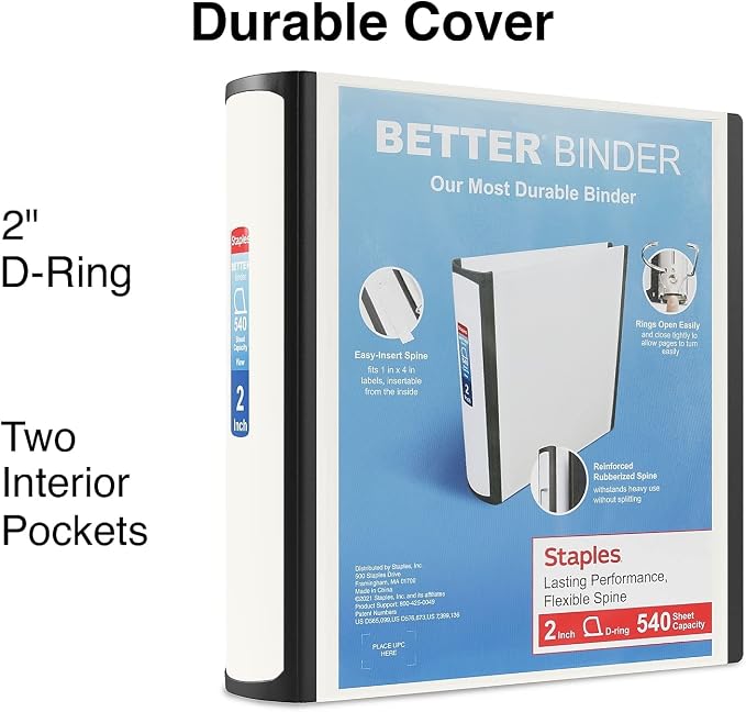 Staples Better Binder, 2-Inch 3-Ring, White, Locking Rings, 2-Pack | Wide spine view binder with durable construction for office organization.