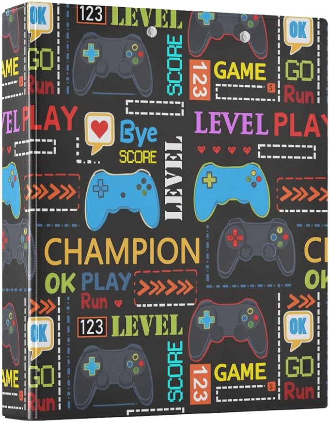 Aslsiy 3 Ring Binder 1.5 Inch Boy Pixel Start Play Round Clipboard Binder Decorative Harcover Binders Organizer for Office Supplies