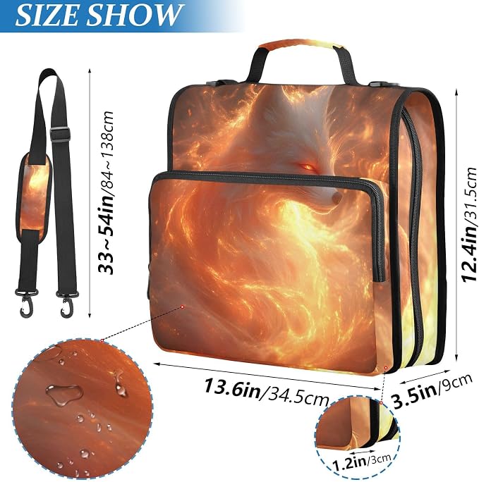 3 Ring Zipper Binder with Shoulder Strap Fox Fire Animal 2 Inch Zippered Binder Bag 500 Sheet Capacity Multi Pockets for School Supplies