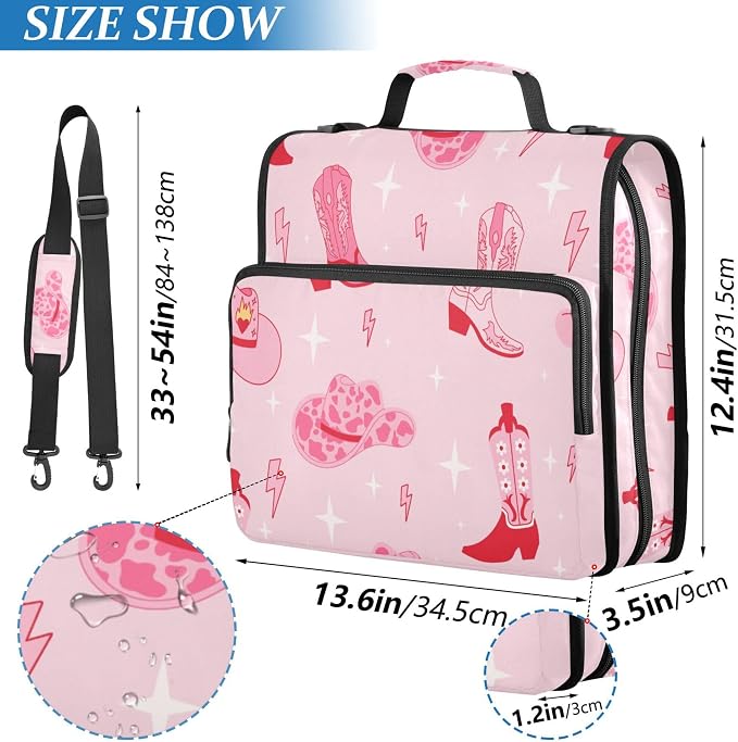 Fisyme Pinks Western Cowgirl Boots Zipper Binder 3 Ring with Zipper and Shoulder Strap Large Capacity Multi-Pocket Zipper Binder Organizer