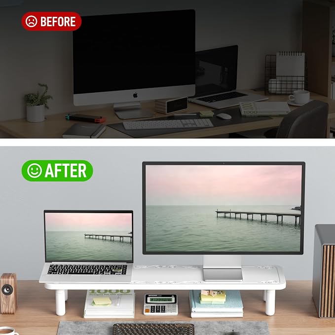 AFOOYO Dual Monitor Stand For Desk,31 Inch Adjustable Wood Computer Riser Desktop Storage Stand For Computer,Laptop,Printer,TV,White Scroll