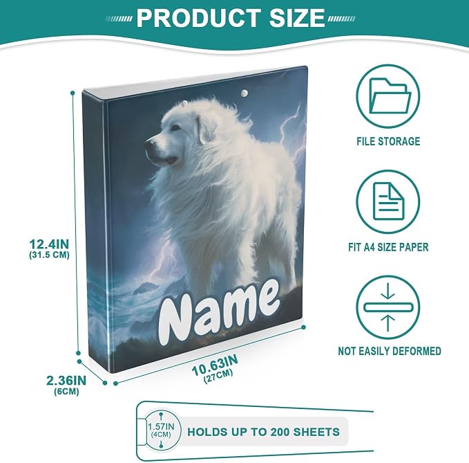 Custom 3 Ring Binder Great Pyrenees Dog 1.5" Round Ring Binders Personalized Name View Binder with 200 Sheet for Kids School Supplies Women Men Office, 1 Pack