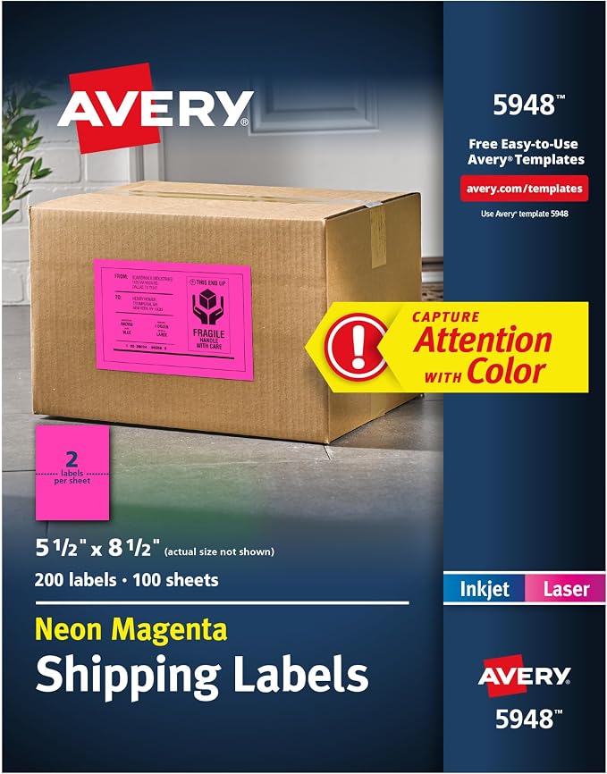 Avery Printable Shipping Labels, 5-1/2" x 8-1/2", Neon Magenta, Laser & Inkjet Compatible, 200 Blank Labels Total, Great for Branding, Mailing, Organizing, and More (5948)