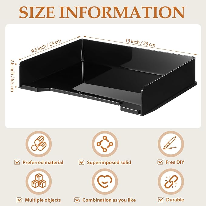 DoubleFill 6 Pcs Stackable Letter Tray Rectangular Plastic Desk Organizer 13 x 9.5 x 2.6 in Paper Holder File Tray Accessories Rack for Desktop Office Desk Drawers (Black)