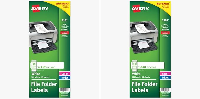 Avery Mini-Sheets File Folder Labels, Permanent Adhesive, Matte White, 2/3" x 3-7/16", 300 Labels (2181) (Pack of 2)