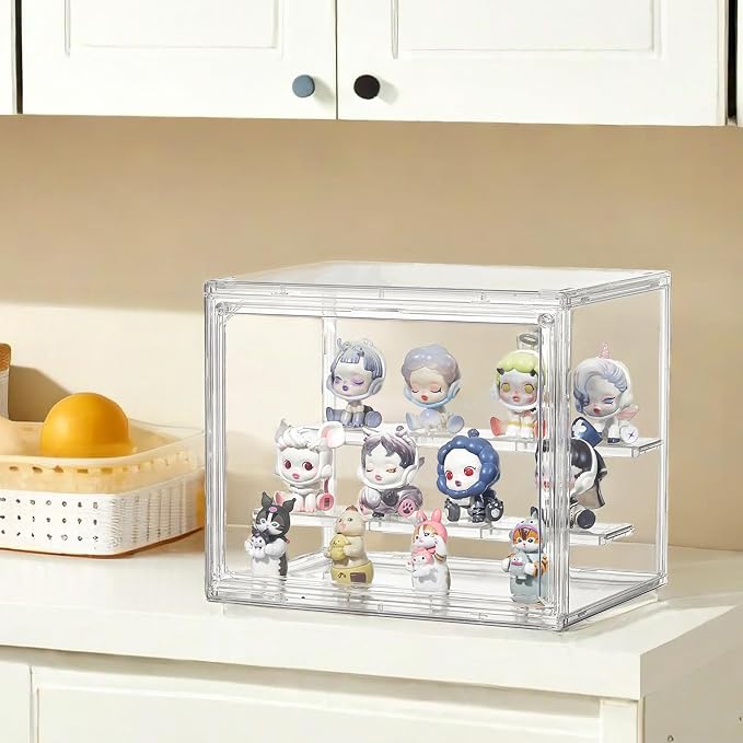 Acrylic Display Case for Collectibles, 3 Tier Figure Display Box | Clear Stackable Display Case with Magnetic Door, Interlocking Design, 2 Movable Plates, Small Easy Assembly Showcase