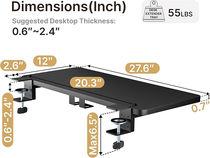 Desk Extender Tray, 28" x 12", with Laptop Holder, Large, Black | Desk Extension, Clamp on Desk Shelf, Clamp On Keyboard Tray for Office and Home, Workstation Organizer