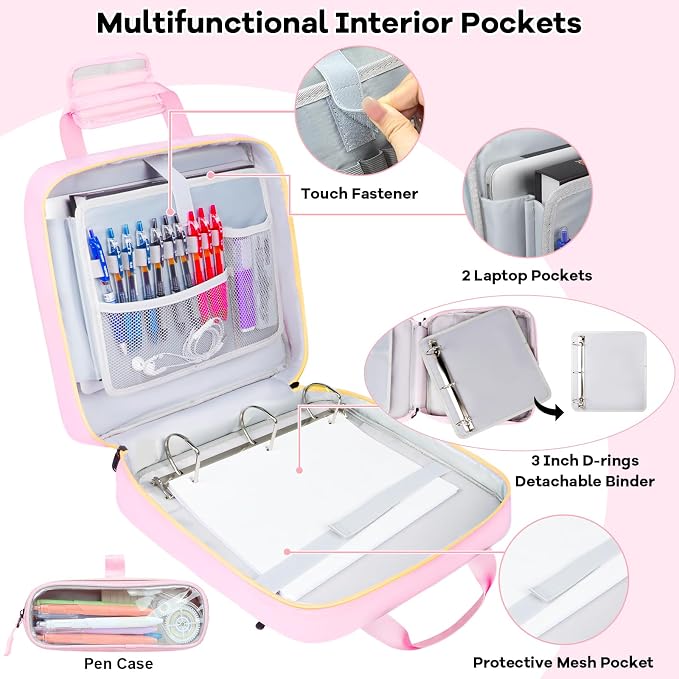 3 Inch D-Ring Zipper Binder Bag, 700 Sheet Capacity Multi-Pockets Organizer, 13 Inch Laptop Carrying Case with Bottle Holder& Shoulder Strap for School Office (Pink)