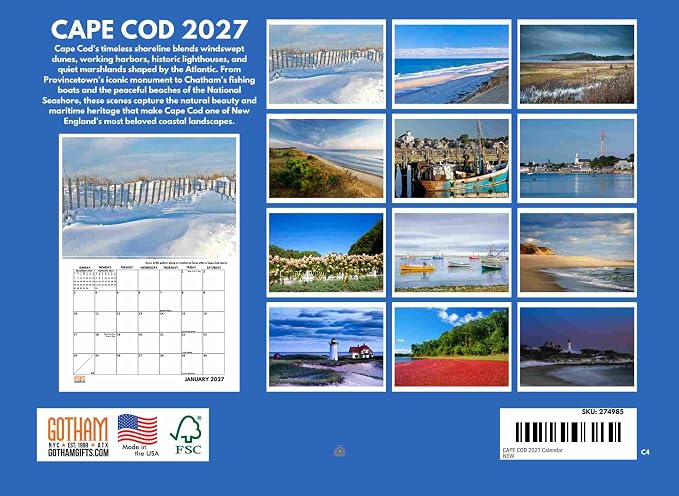 Cape Cod Calendar 2027 Nantucket Marthas Vineyard Wall 12 Month Monthly MA Scenic Souvenirs Themed Gifts | American Made In The USA