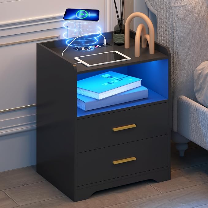 dnbss RGB Nightstand with Charging Station, Smart Bedside Table, Black | LED Night Stand, 2 Drawers, 1 Compartment, Human Body Sensor, Modern End Side Table for Bedroom Living Room Office Storage
