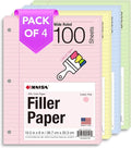Kaisa Filler Paper Colored loose Leaf Paper, Wide Ruled 8x10.5in Colored Paper, 3-Hole Punched for 3-Ring Binders,100Sheets/pack 4Packs, FC10001W