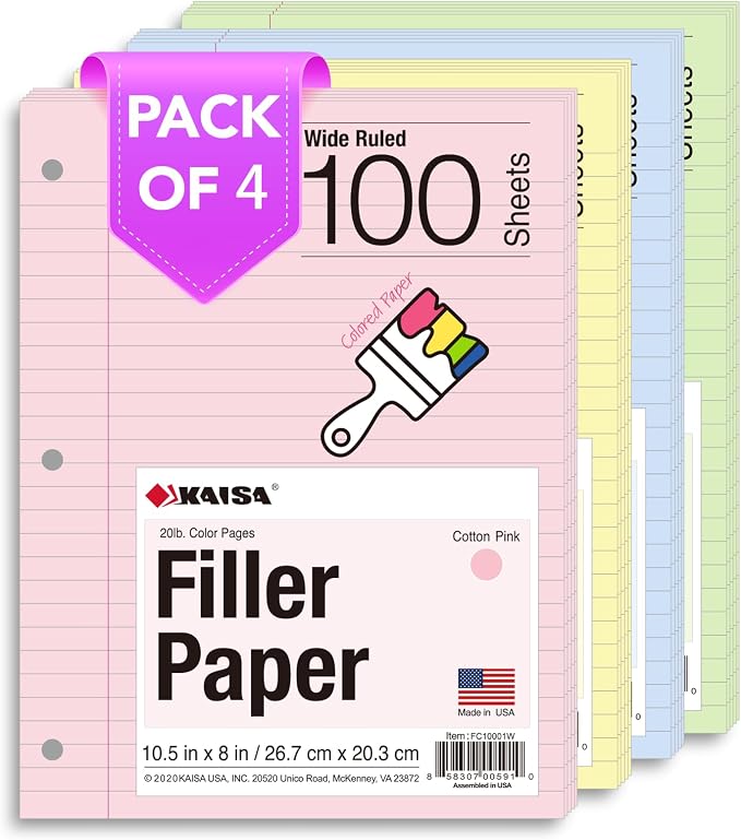 Kaisa Filler Paper Colored loose Leaf Paper, Wide Ruled 8x10.5in Colored Paper, 3-Hole Punched for 3-Ring Binders,100Sheets/pack 4Packs, FC10001W
