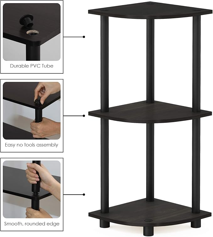 Furinno TURN-N-TUBE Corner Shelf, 3-Tier Corner Bookshelf, Display Storage Shelves with Open Shelves, for Organization and Storage, Living Room, Home Office, Garage, Espresso
