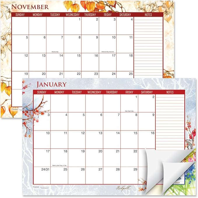 Current 2027-2028 Desk Calendar Pad | Year of Birds, 11” x 16.25”, Large, 2024-Month, 12 page Designs, Self-Stick Magnet Strips