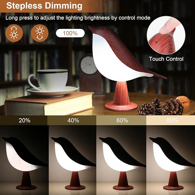 VoMii Bird Desk Lamp, Small Table Lamp Cordless Touch Dimmable Night Light with 3 Color Temperature, Rechargeable Decorative Lamps for Bedroom Bedside Nightstand, Desk Decor, Bird Gifts