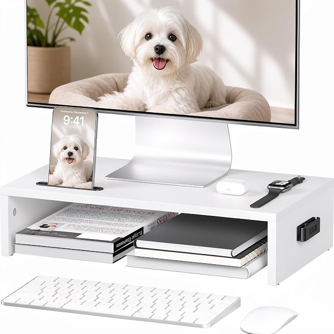 BONTEC Monitor Stand Riser with Cellphone Holder & Cable Management | 16.7 Inch Wood Monitor Riser Stand, Desktop Stand for PC/TV/Laptop/Printer, White