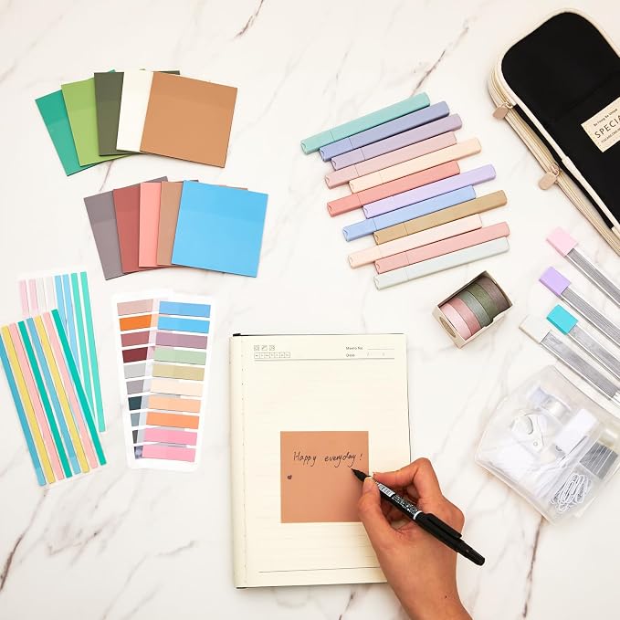 Sinload 60 Pcs Aesthetic Book Annotation Kit School Supplies Cute Pencil Case Mini Stapler Set 12 Highlighter 5 Gel Pen 6 Pencil 5 Magnetic Bookmark 1220 Sticky Note Student Stationary(Black)