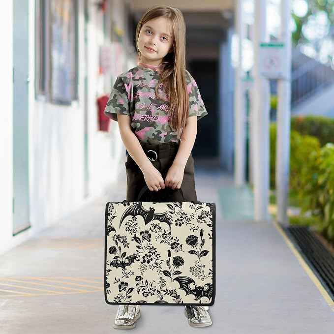 Goth Bat Flowers Binder Bag 3 Ring Zipper with Handle Shoulder Strap | for School Work Office Organizer Storage Case