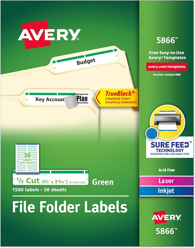 Avery Green File Folder Labels for Laser and Inkjet Printers with TrueBlock Technology, 2/3 inches x 3-7/16 inches, Box of 1500 (5866)