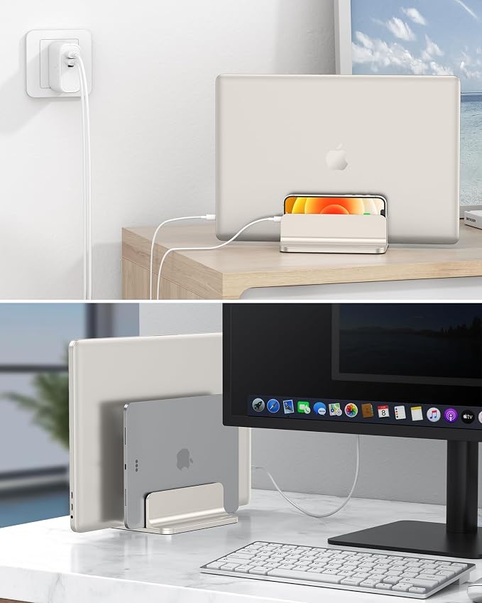 OMOTON Dual Vertical Desk Laptop Stand Holder, Fits MacBook Air, Starlight | Aluminum Laptop Storage Rack for Desk, Adjustable Dock for Up to 17.3 in. Gaming Laptop, Space-Saving Desk Organizer