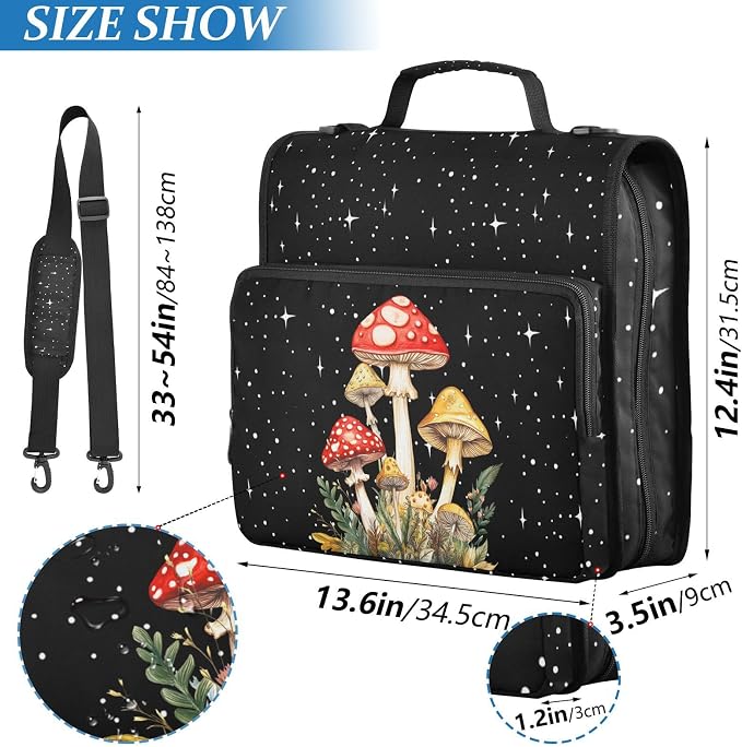 Mushroom Binder Bag 3 Ring Zipper with Handle Shoulder Strap | for School Work Office Organizer Storage Case