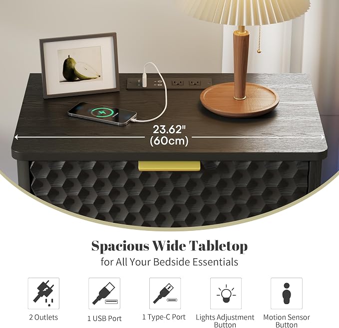 Smart Nightstand with Charging Station and LED Lights | 23.62" Wide Night Stand with 2 Drawers, Motion Sensor Motion-Activated Underlight, Honeycomb Bedside Table for Bedroom, Black