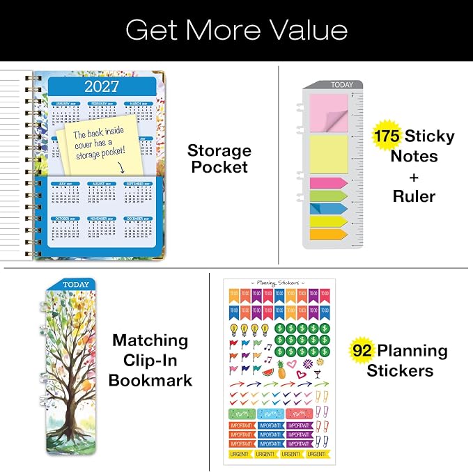 HARDCOVER Academic Year 2026-2027 Planner: 14 Months (May 2026 Through June 2027) 5.5"x 8" Daily Weekly Monthly Planner Yearly Agenda. Bookmark, Pocket Folder and Sticky Note Set (Tree Seasons)
