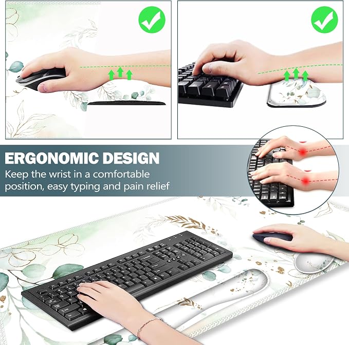 Gaming Mouse Pad Wrist Support Set, XXL Large Desk Mat Mousepad + Keyboard Wrist Support+ Mouse Wrist Rest+Coaster 4in1 Ergonomic, Memory Foam, Stitched Edge for Home Office -Pretty Leaves