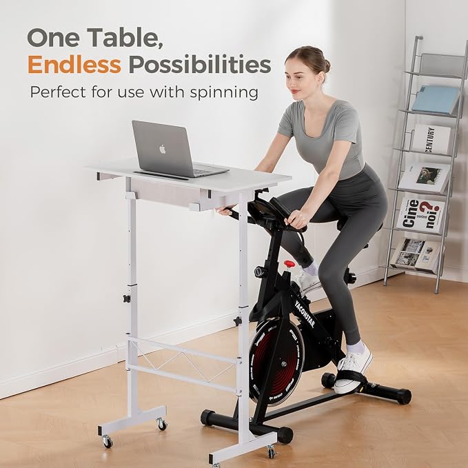 COMHOMA Portable Standing Desk Adjustable Height 30.7"-46.4", Standing Desk with Drawers, Mobile Rolling Computer Desk for Home Office Work and Walking Pad Treadmill, Carbon Fiber White