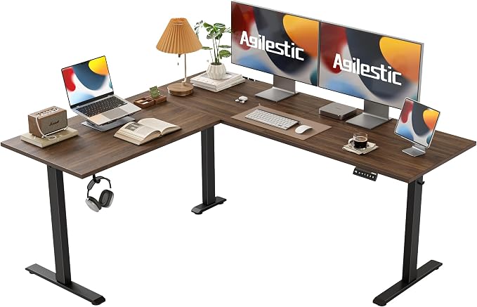 Agilestic 63 x 55 Inch L Shaped Electric Standing Desk, Dark Walnut | Corner Desk, Ample Workspace, Memory Presets, Hooks, Stable Steel Frame,176 lbs Capacity, Easy Assembly, Splice Board