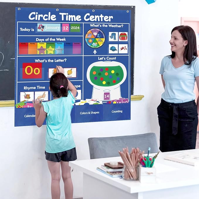 Circle Time Learning Center, Teaching Shape Circle Time Pocket Chart with 221 Cards, Educational Pocket Chart Teaching Materials, Learning Calendar Weather Counting Letter Color Shape etc