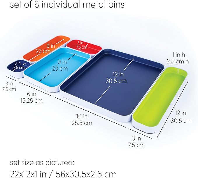 Three by Three Seattle Metal Drawer Organizer Tray Set, 10-Pc (Assorted) | Deep 2" food-safe metal bins; mix & match to customize any drawer; kitchen, bathroom, office & vanity organization