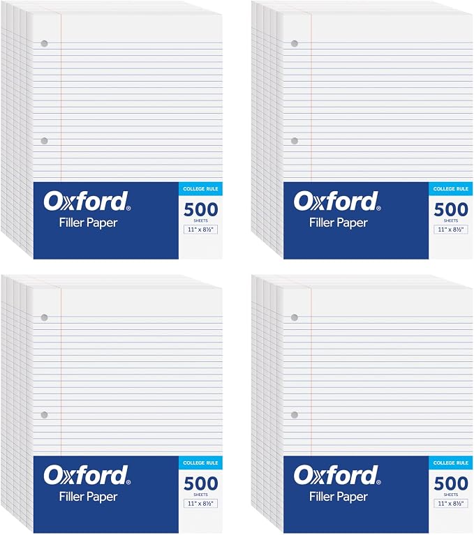 Oxford Loose Leaf Paper, 2000 Sheets, College Rule Filler Notebook Paper, 8-1/2" x 11", 3-Hole Punched Fits 3-Ring Binders, 4 packs of 500 (62331)
