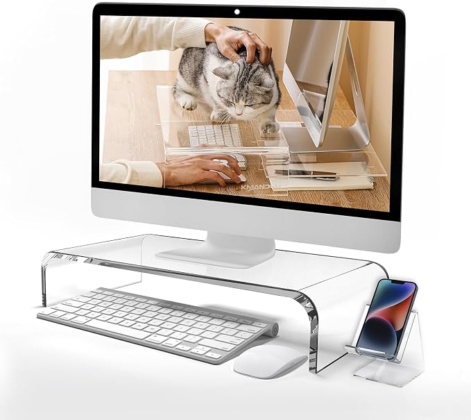 20"x10"x4" Acrylic Monitor Stand, Clear Laptop Riser with Bonus Phone Stand | Extra-Wide Clear Premium Acrylic Computer Stand, Monitor Riser & Ergonomic Desk Organizer Shelf for Office, Home, Printer, TV
