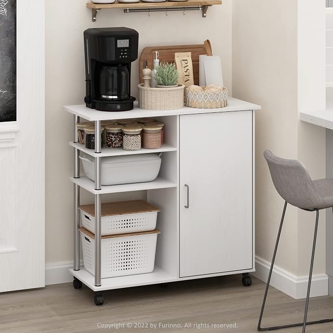Furinno Helena Rolling Cart, 4-Tier Rolling Utility Cart with Closed Cabinet, Storage Cart, for Office, Living Room, Kitchen, Storage and Organizers, White Wood