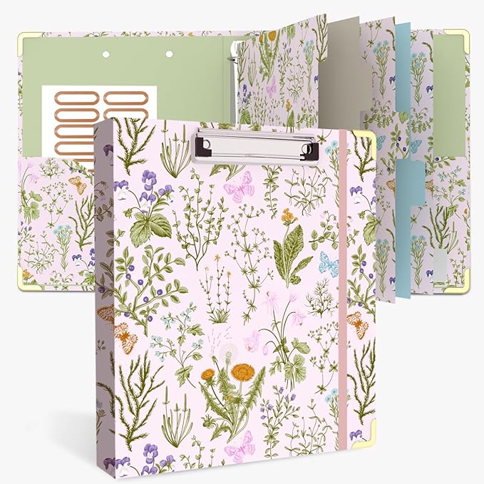 3 Ring Binder 1 Inch, Cute Round Ring Binders with 6 Tab Dividers, Labels Stickers, Low Profile Clipboard with Storage, Fashion Binder School Office Supplies(Wild Flowers)