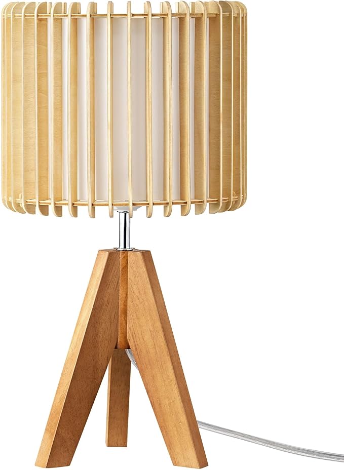 EDISHINE 14.17" Small Table Lamp, Wood-Colored Hollow Shade, E26 Base | Wood Tripod Bedside Lamp, Boho Nightstand Lamp for Bedroom, Living Room, Office, Study