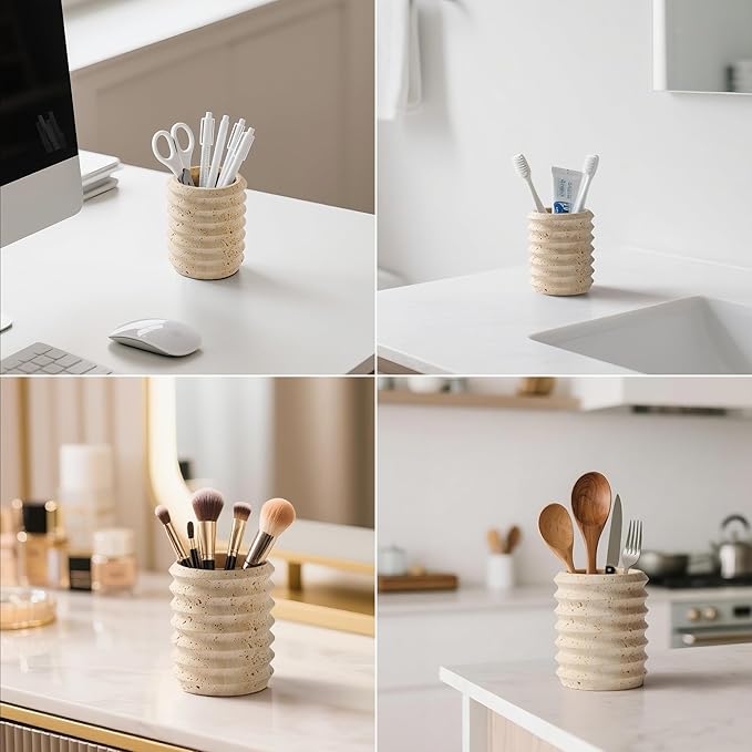 Pen Holder Stand for Desk, Natural Travertine Stone Makeup Brush Holders, Modern and Functional Pencil Cup for Office Supplies Tableware Organizer for Home Decor School Beige (PH90110)