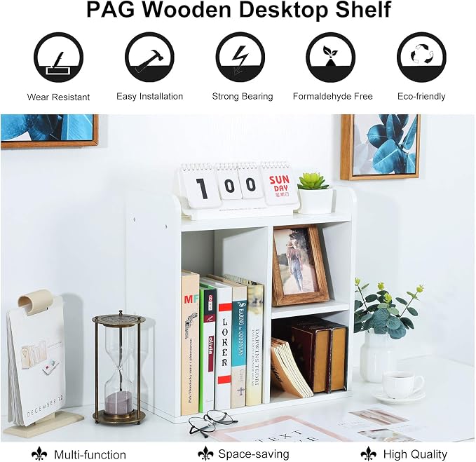 Desktop Shelf Freestanding Wood Small Bookshelf Desk Supplies Organizers and Accessories Storage Display Rack Office Decor for Women, White