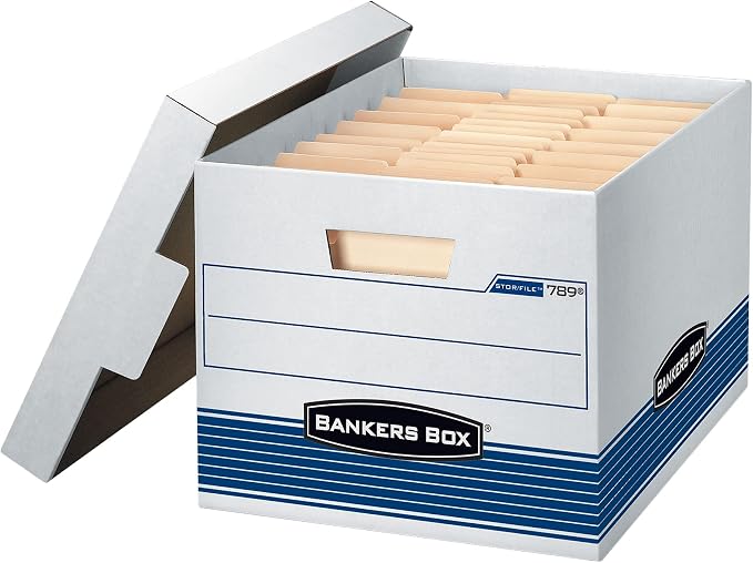 Bankers Box 4-Pack Medium-Duty File Storage Boxes, Letter/Legal, FastFold | Speed through filing with FastFold setup, sturdy stacking, reinforced handles, and dependable document protection.