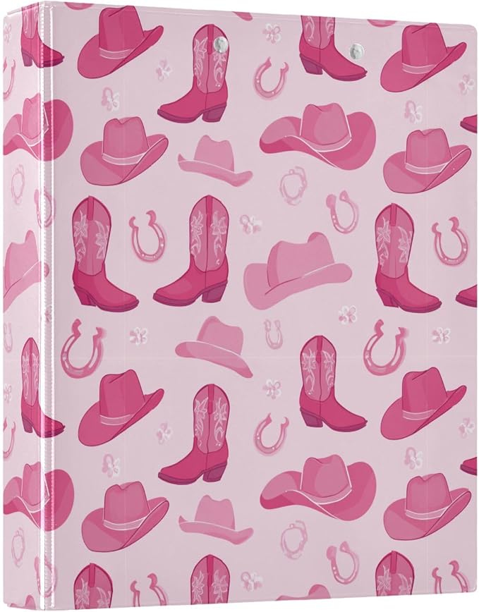Aslsiy Wild West Girl Pink 3 Ring Binder 1.5 Inch Cow Hat Round Clipboard Binder Decorative Harcover Binders Organizer for Office Supplies