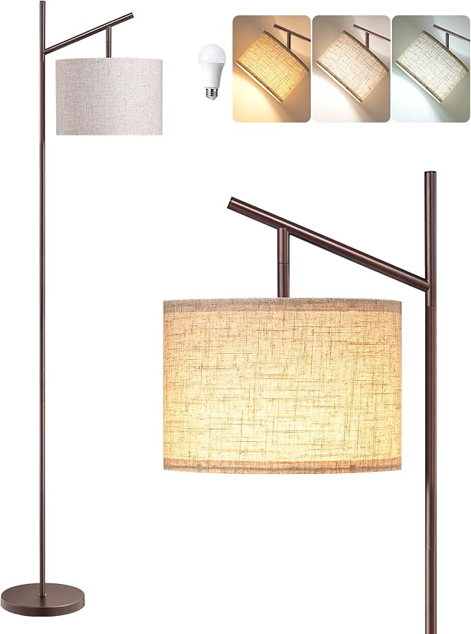EDISHINE 64.7" Modern Arc Floor Lamps for Living Room, Brown Standing Lamp | 3 Color Temperatures, Bulb Included, Adjustable Linen Shade, Foot Switch, Tall Light for Bedroom, Office, Nursey